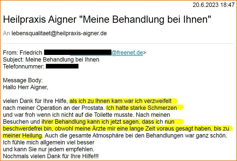 Heilpraxis Aigner Erfahrungen Schmerzen weg nach Prostata-Operation