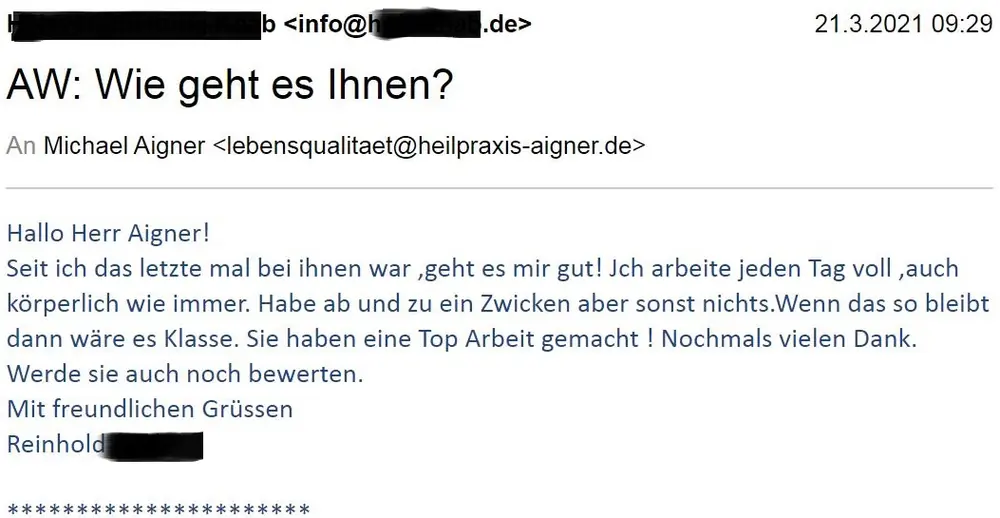 Heilpraxis Aigner - Erfahrungen Rückenschmerzen Bandscheibenvorfall Reinhold K.