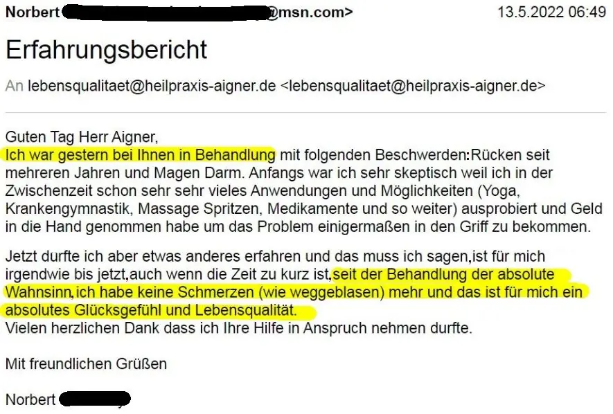 Heilpraxis Aigner - Erfahrungen Schmerzbehandlung Rückenschmerzen