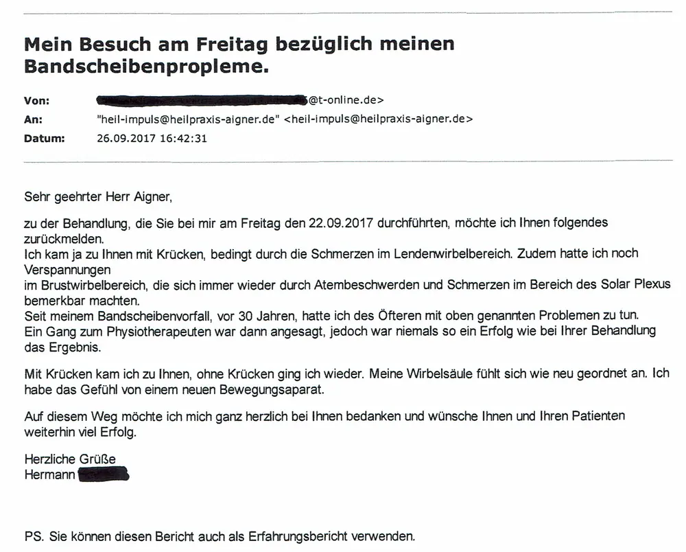 Heilpraxis Aigner - Erfahrungen Bandscheibenvorfall Hermann H.