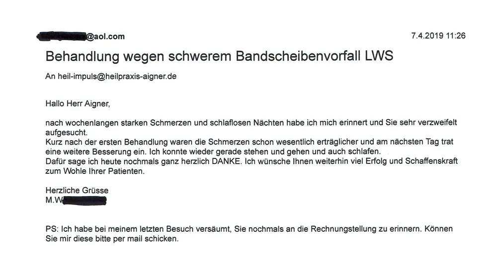 Behandlung wegen schwerem Bandscheibenvorfall Manfred W.
