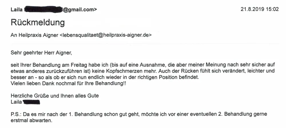 Heilpraxis Aigner - Erfahrungen - Kopfschmerzen weg