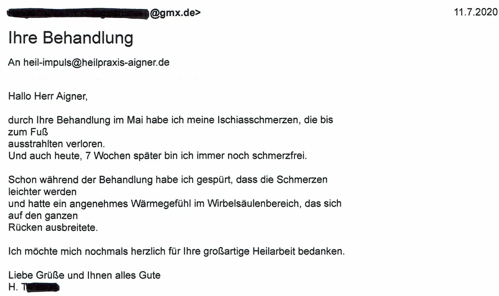 Heilpraxis Aigner - Erfahrungen Ischiasschmerzen Helga T.